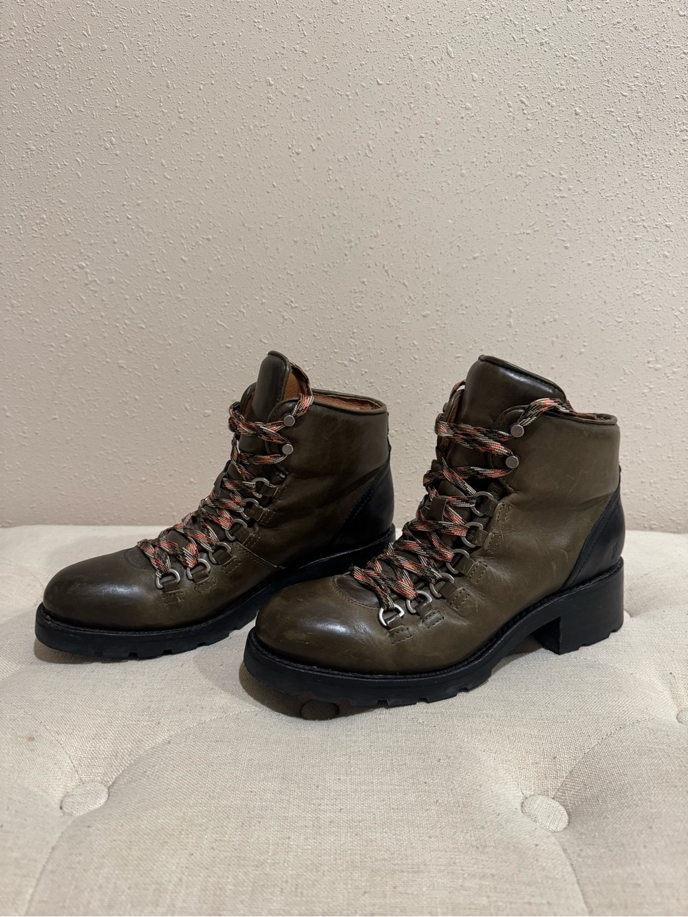 Frye Olive Leather Lace-Up Hiker Boots with Black Heel